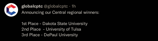 Screenshot of Twitter, announcing results for the Central region. Dakota State University is in first place.