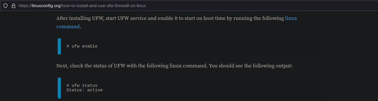 Screenshot of a tutorial on enabling UFW in Linux