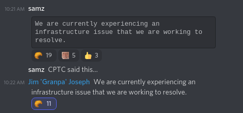 Message from CPTC saying they are experiencing infrastructure issues.