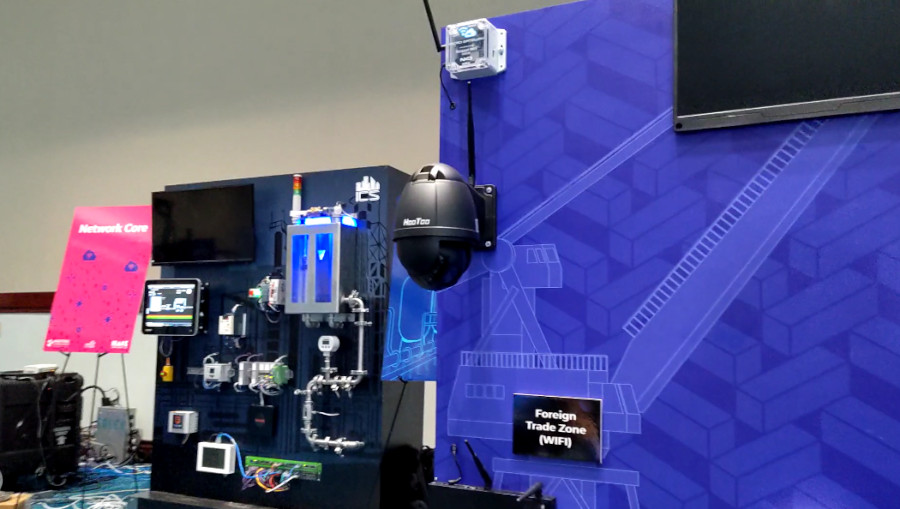 IP Camera mounted to a moveable wall with a myriad of other devices.